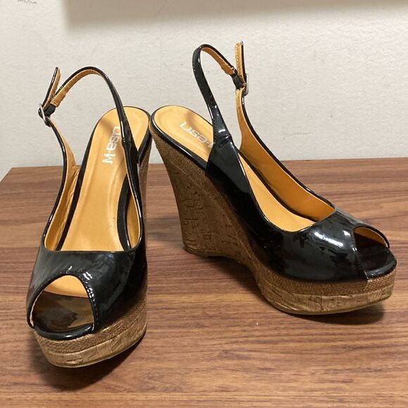 Lisa-W Black Patent Leather Slingback Cork Wedge Peep Toe Pumps. Size 39/8.5. - Picture 2 of 9